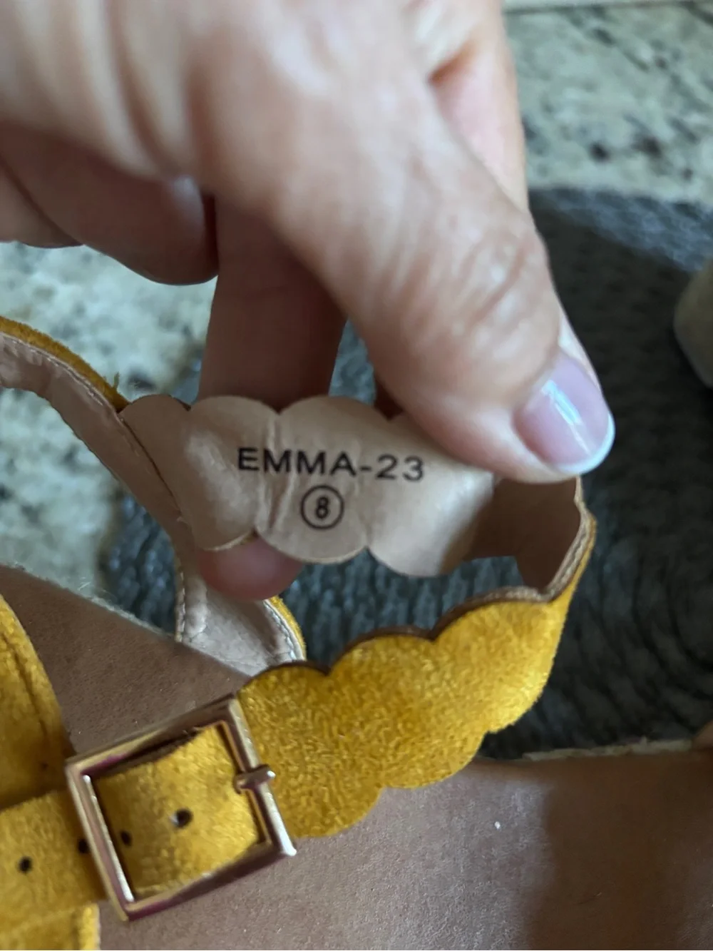 AMS Emma Mustard Yellow Platform Scallop Edged Espadrille Wedge Sandals.